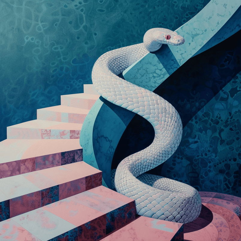 white snake coiled around the staircase