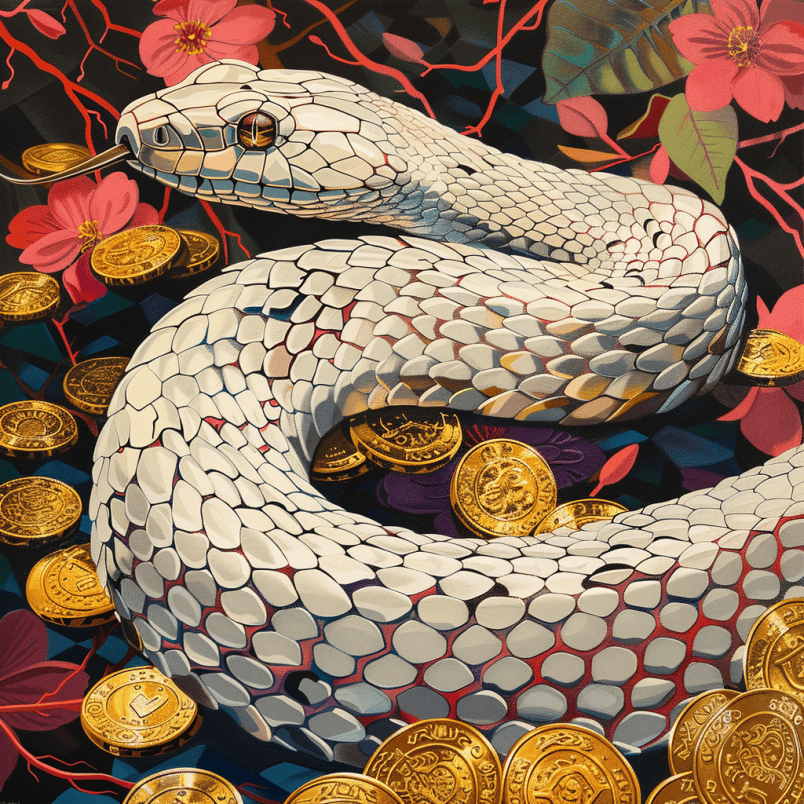 white snake guarding gold coins