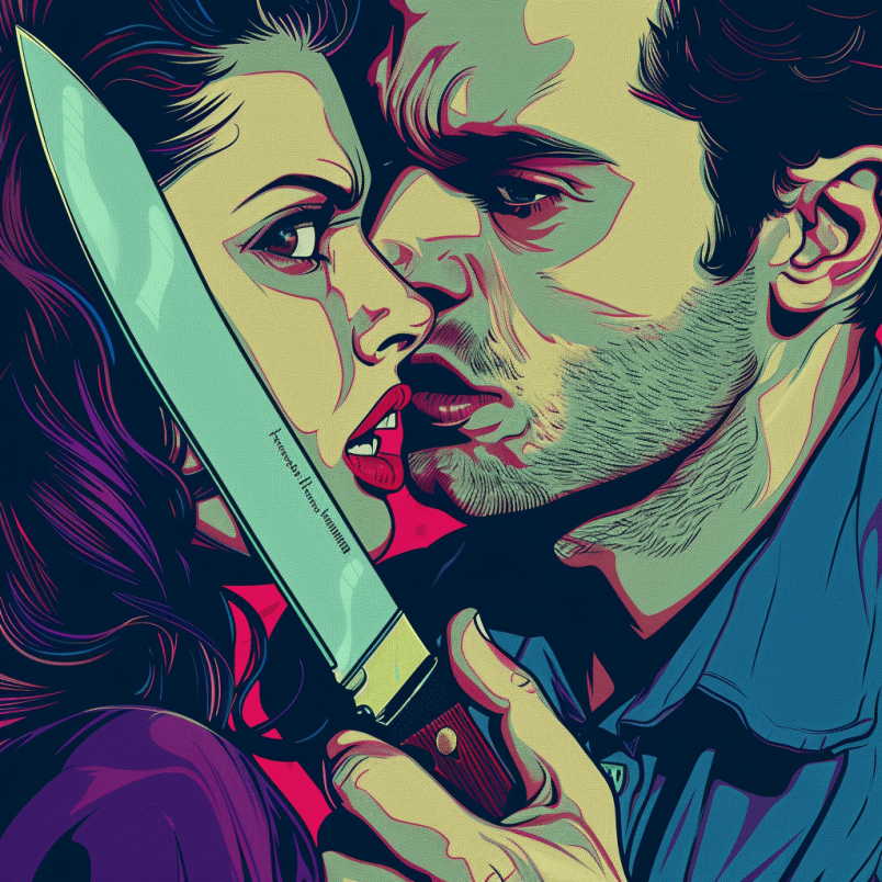 the man's holding a knife over the woman's throat
