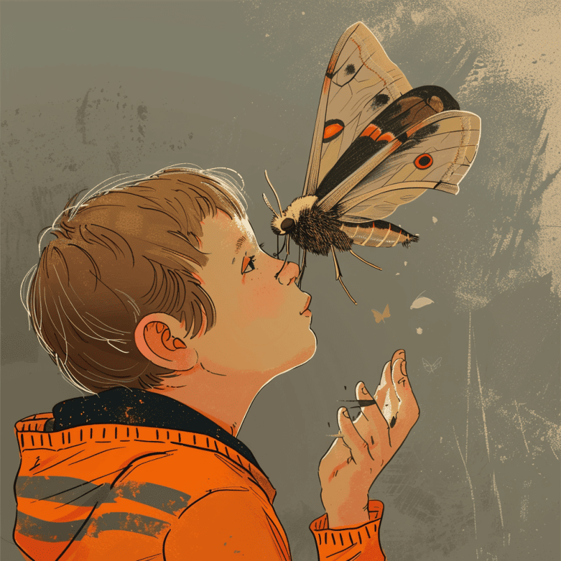 the moth landed on the boy's face