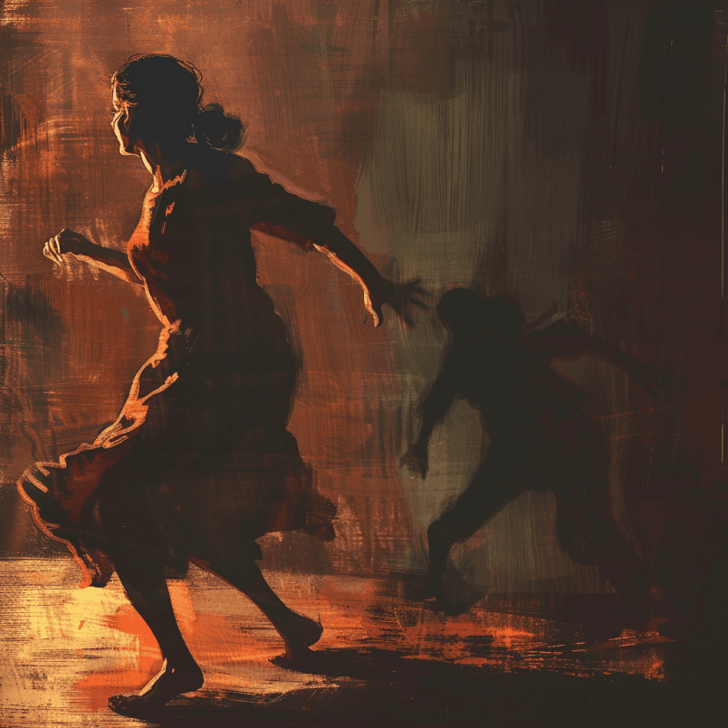 the woman is being chased by a shadow figure