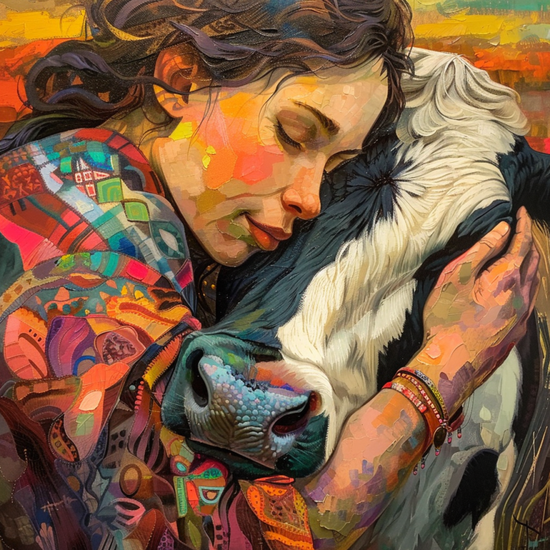 the woman is hugging the cow