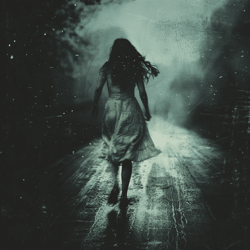 a woman walks alone on a dark road, possible symbole of dream of the devil