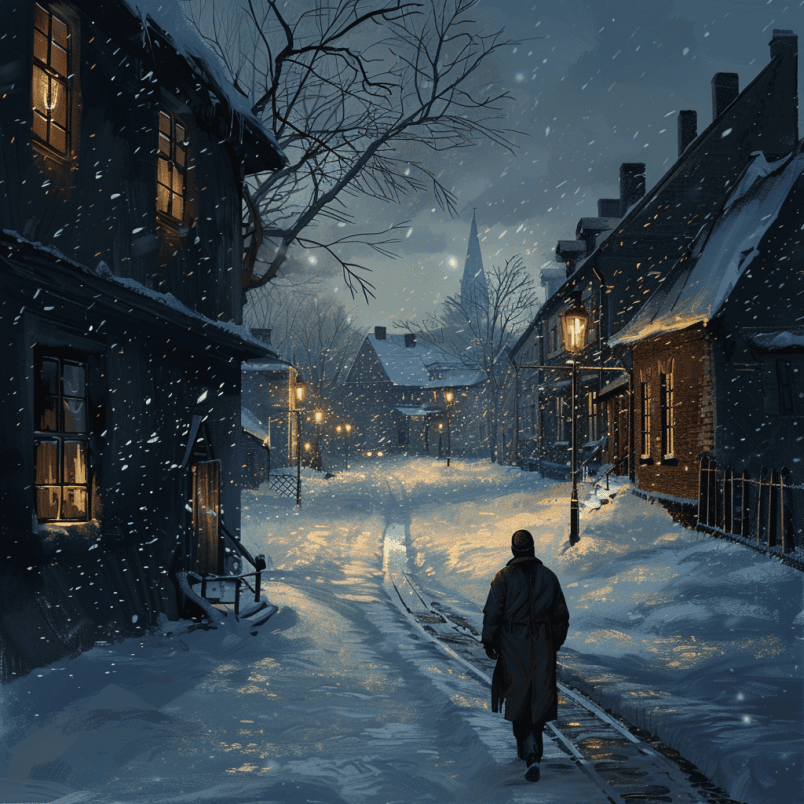 the man is going home in a snowy evening