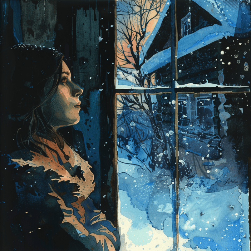 the woman looks at the snow through the window
